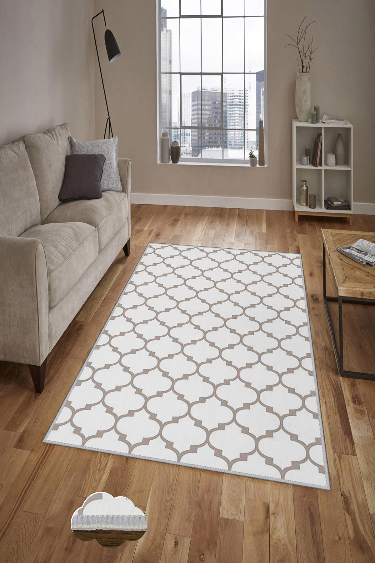 Homefesto Krem 5 mm Polyester Leke Tutmaz Yıkanabilir İnce Kaymaz Taban Geometrik Dikdörtgen Makine Dokuma Salon Halısı 200x300 cm