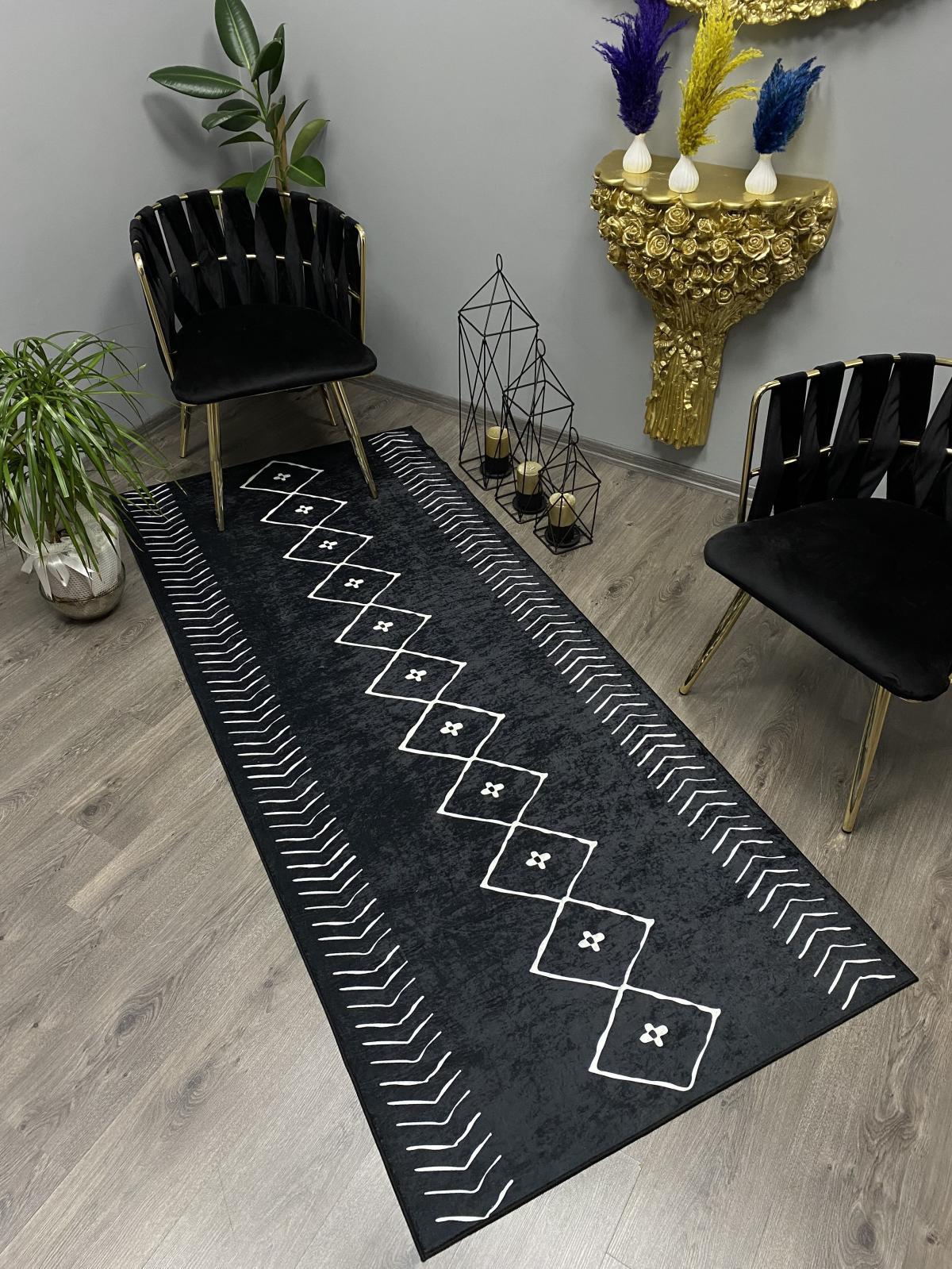 Halı Furyası Siyah Polyester Antibakteriyel Yıkanabilir Kaymaz Deri Taban Dikdörtgen Makine Dokuma Oturma Odası-Salon Halısı 120x180 cm