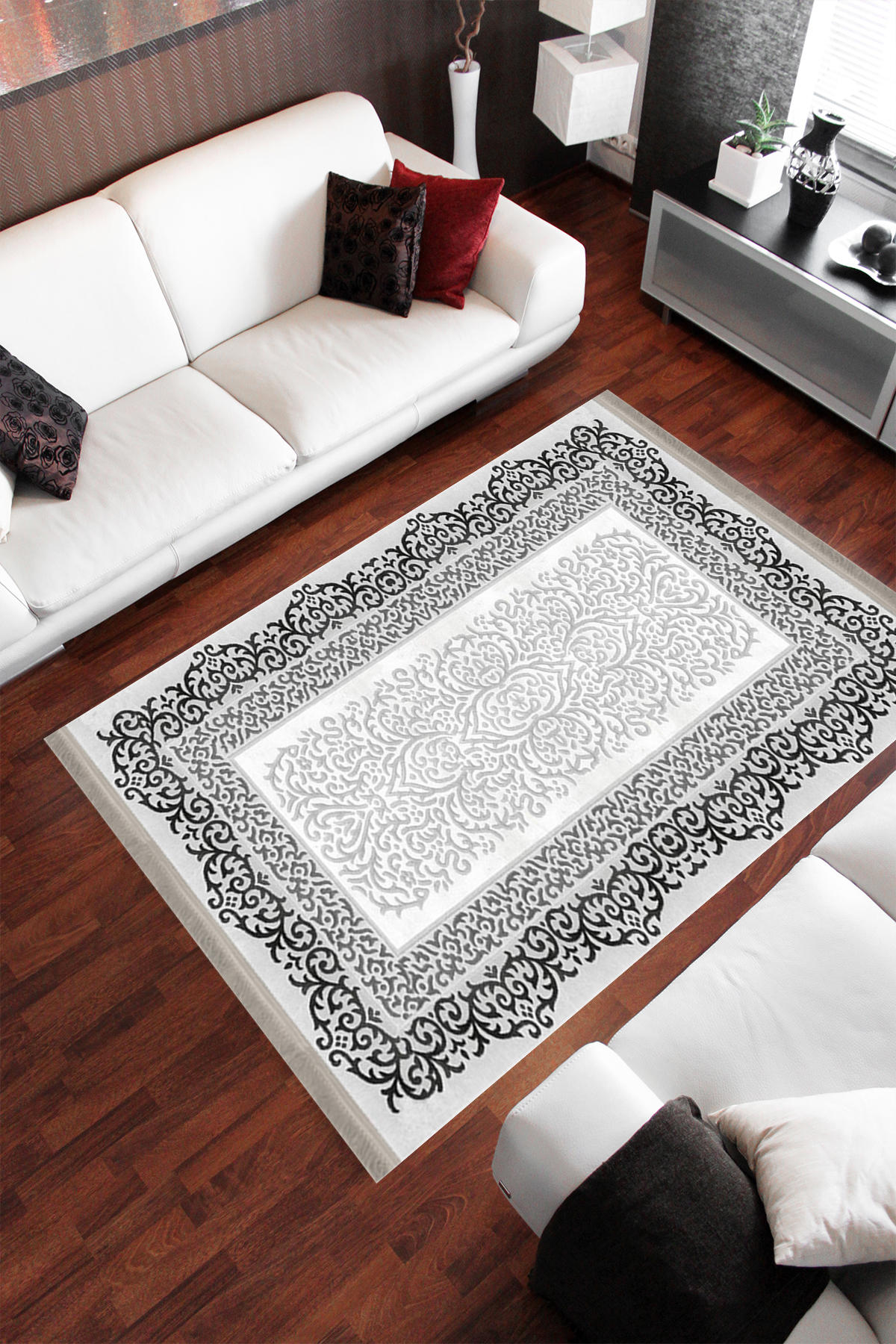 Homier Collection H-KS-3078A Beyaz-Gri 7 mm Pamuk Antibakteriyel Yıkanabilir Orta Kaymaz Dot Taban Dikdörtgen Makine Dokuma Salon Halısı 80x300 cm