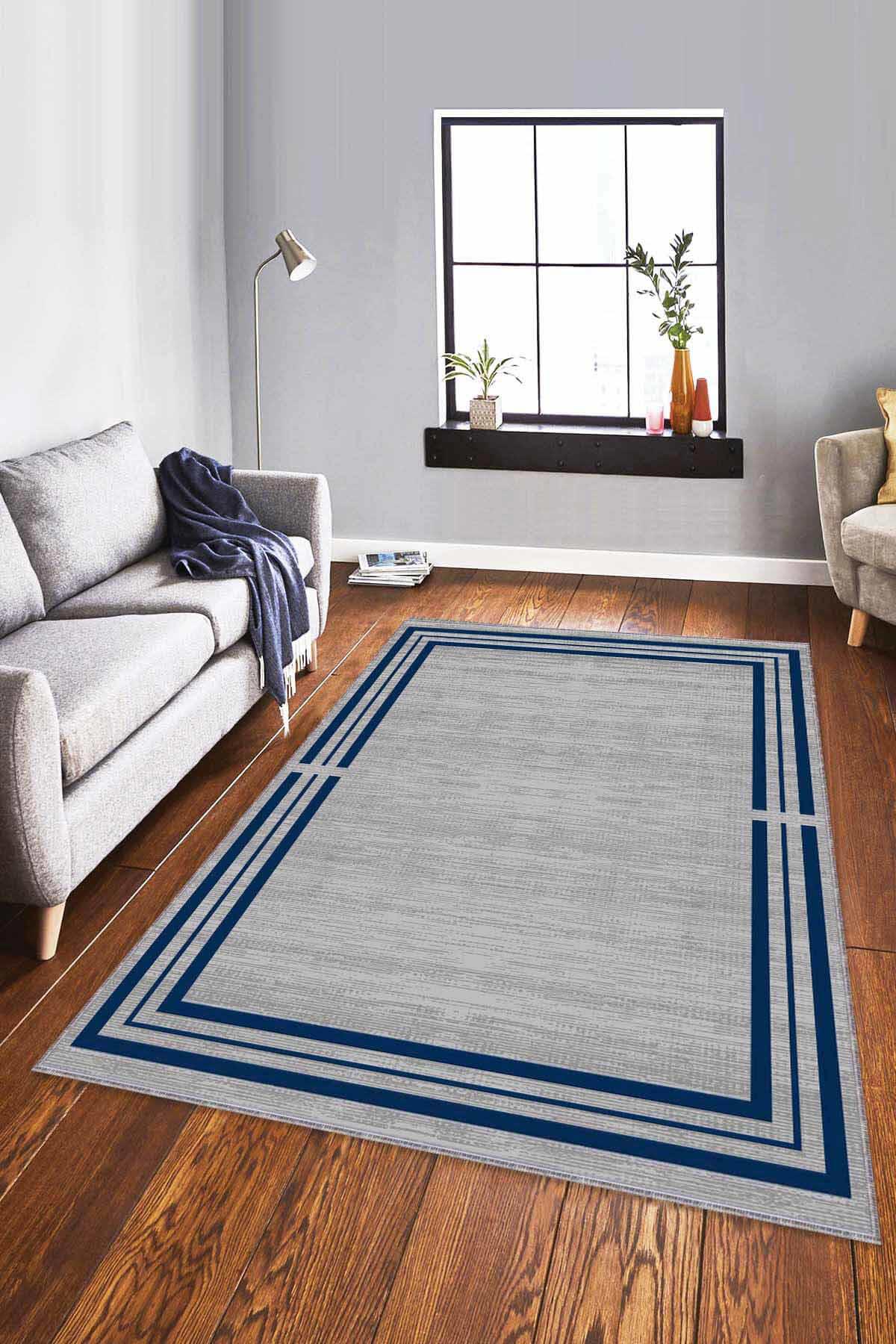 Viva Home RV082 Lacivert 7 mm Mikropolyester Leke tutmaz Yıkanabilir İnce Kaymaz Dikdörtgen Makine Dokuma Salon Halısı 100x300 cm