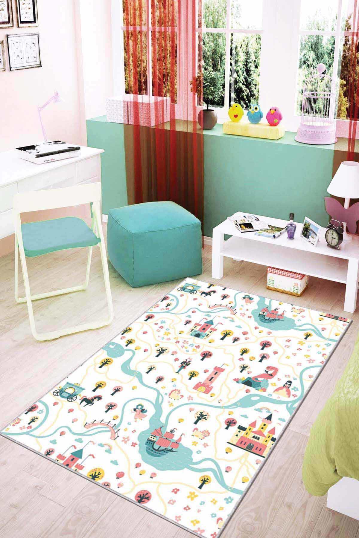 Viva Home AR052 Turkuaz 7 mm Mikropolyester Koku Yapmaz-Leke Tutmaz-Toz Tutmaz Yıkanabilir İnce Kaymaz Dot Taban Dikdörtgen Makine Dokuma Çocuk Odası Halısı 120x200 cm