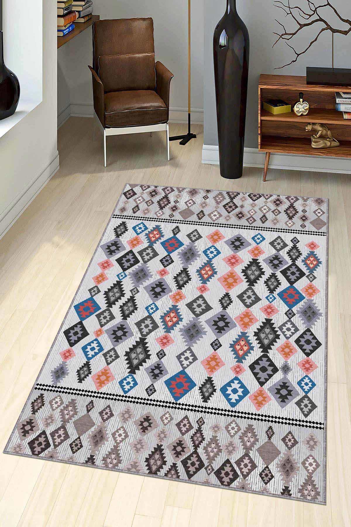 Viva Home AR582 Mavi 7 mm Mikropolyester Leke tutmaz Yıkanabilir İnce Kaymaz Dot Taban Dikdörtgen Makine Dokuma Çocuk Odası Halısı 100x300 cm