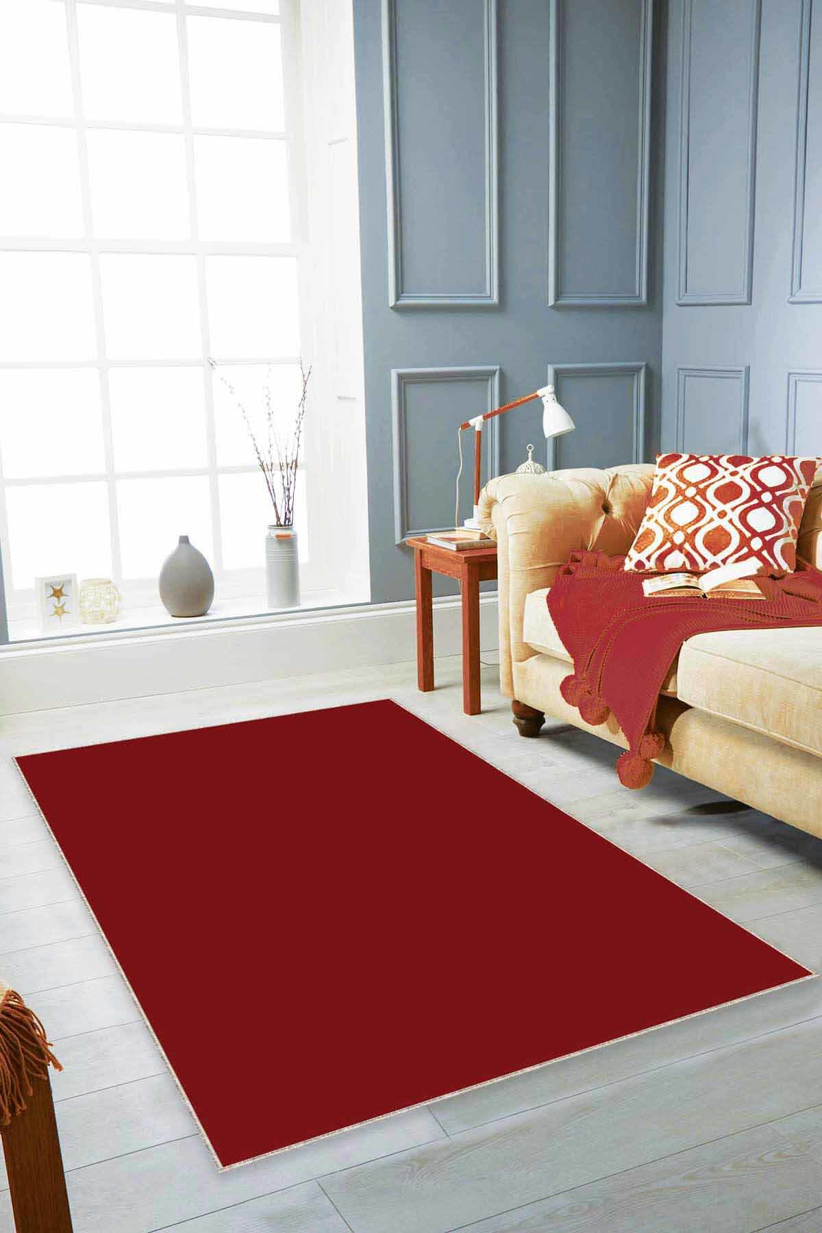 Viva Home AR011 Bordo 7 mm Mikropolyester Leke Tutmaz-Toz Tutmaz Yıkanabilir Orta Kaymaz Dot Taban Dikdörtgen Makine Dokuma Salon Halısı 100x200 cm