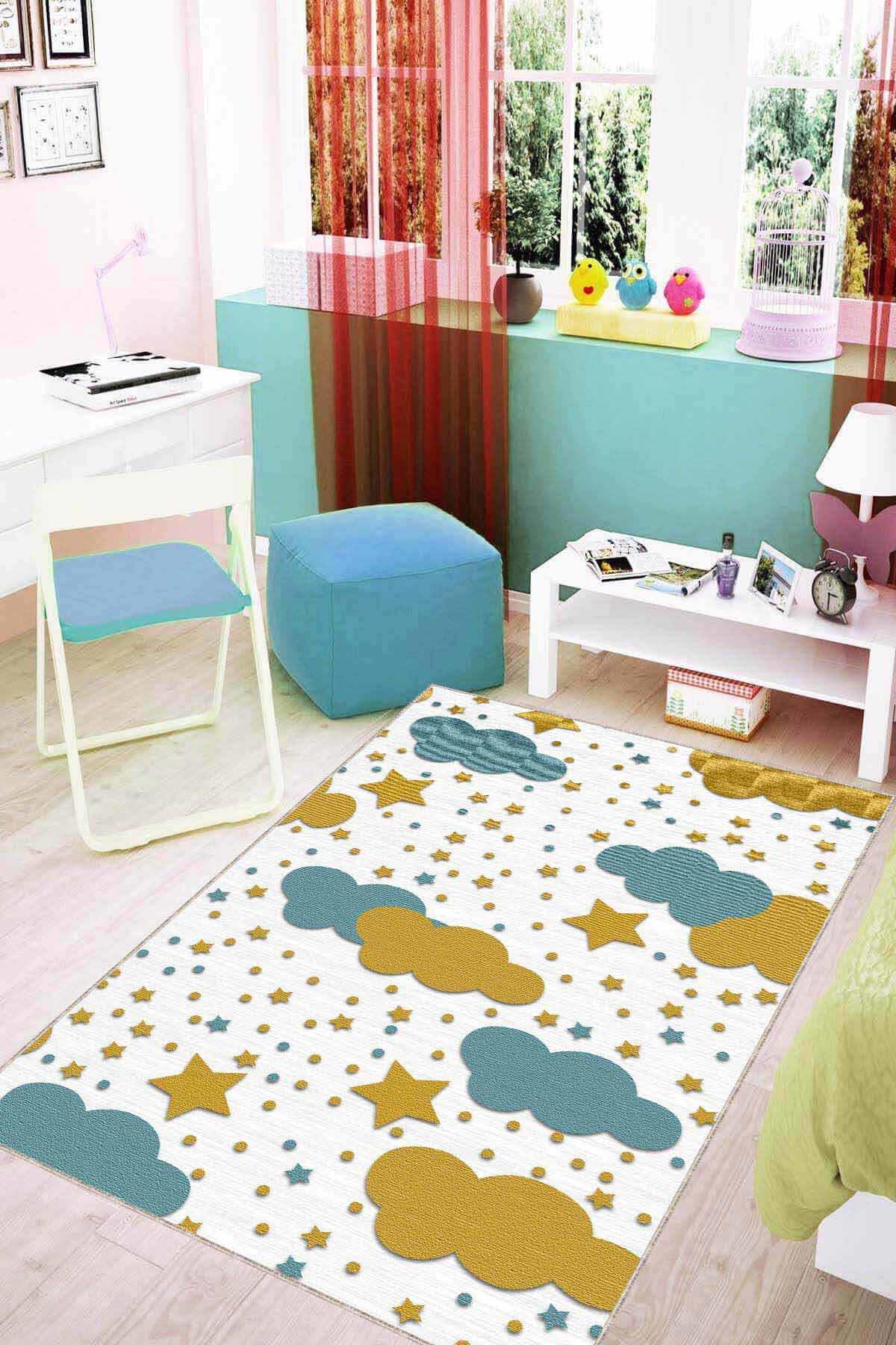 Viva Home KD28 Çok Renkli 7 mm Mikropolyester Koku Yapmaz-Leke Tutmaz-Toz Tutmaz Yıkanabilir İnce Kaymaz Dot Taban Bulut Desenli Dikdörtgen Makine Dokuma Halı 120x200 cm