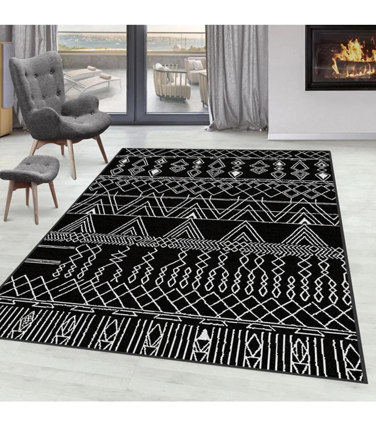 Rovigo Home RVG0090-SD946 Beyaz - Siyah 8 mm Polyester Yıkanabilir Orta Kaymaz Dot Taban Dikdörtgen Makine Dokuma Salon Halısı 120x200 cm