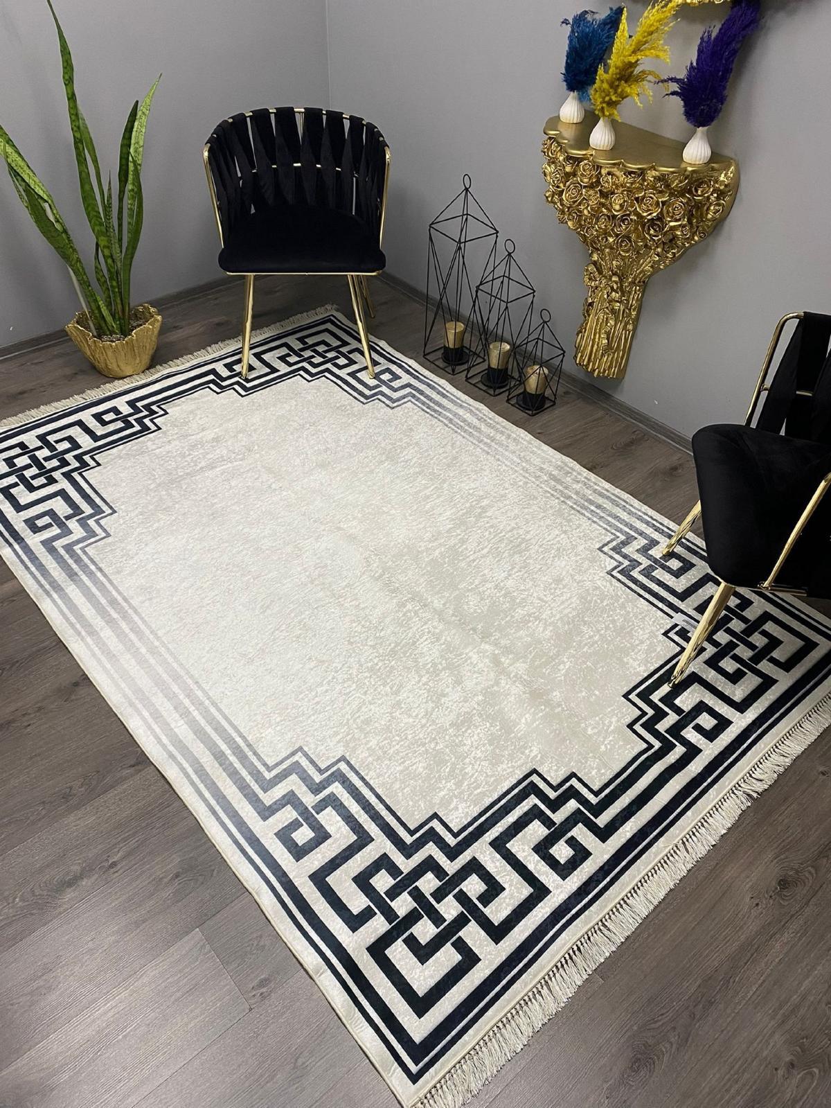 Halı Furyası Rofo Krem Polyester Toz Tutmaz Yıkanabilir İnce Kaymaz Lateks Taban Geometrik Dikdörtgen Makine Dokuma Salon Halısı 140x200 cm