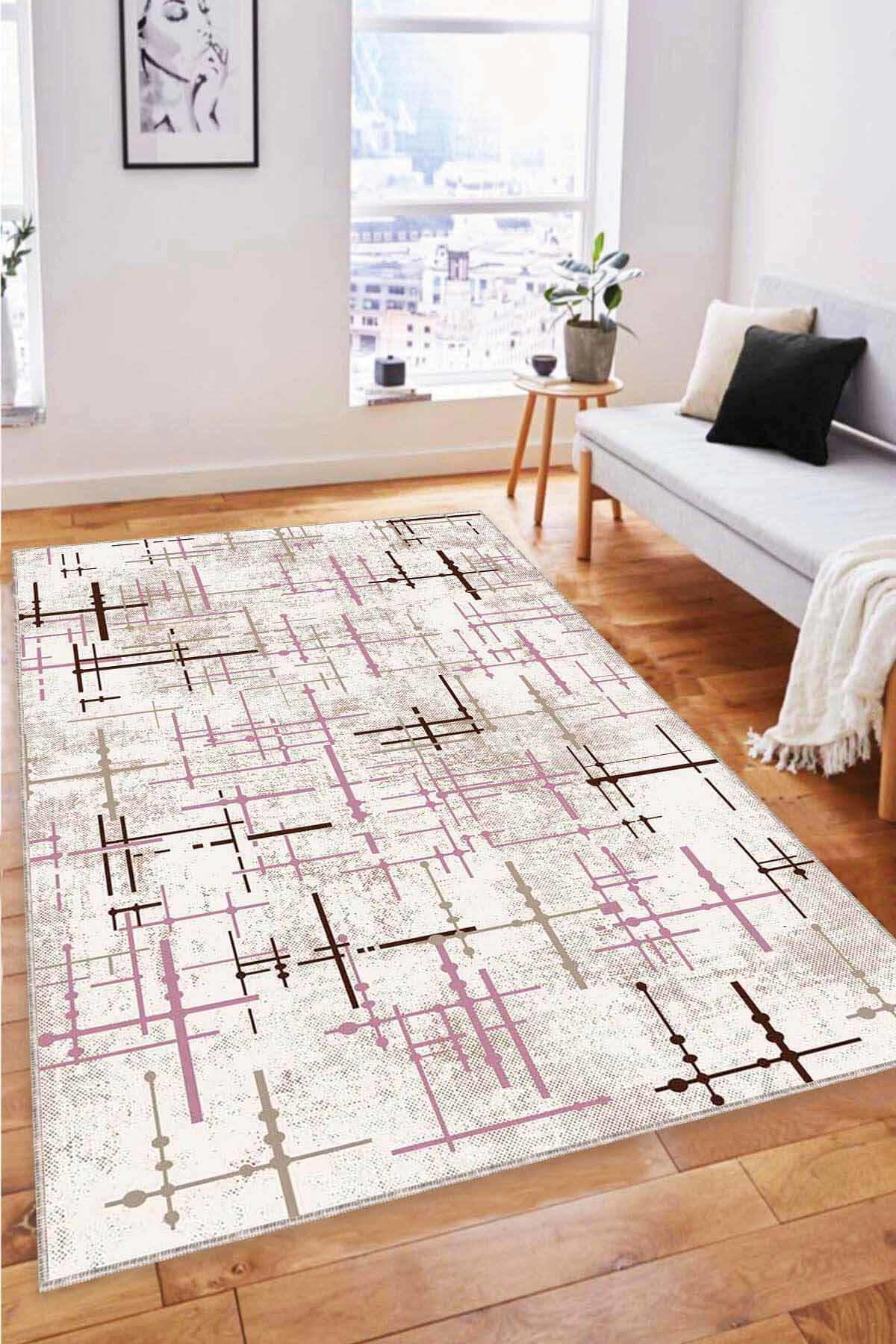 Viva Home MN04 Pembe 7 mm Mikropolyester Leke Tutmaz Yıkanabilir İnce Kaymaz Dot Taban Dikdörtgen Makine Dokuma Salon Halısı 160x230 cm