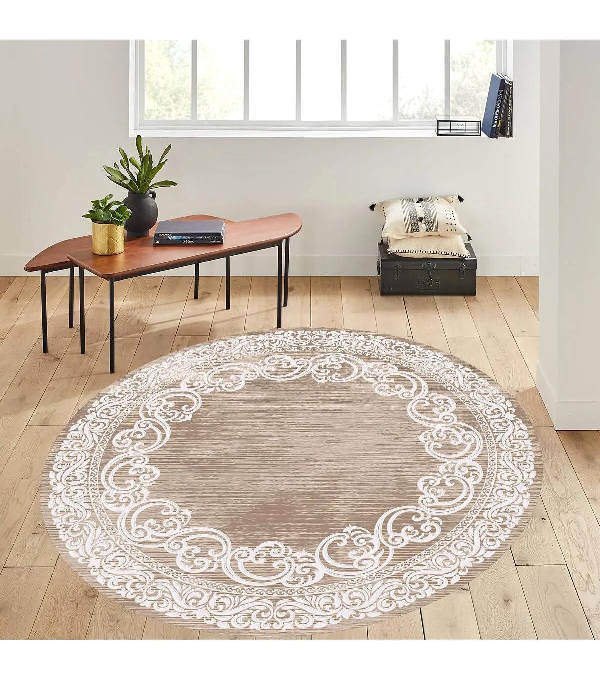 Rovigo Home RVG7289-HK104 Krem 8 mm Polyester Antibakteriyel-Leke Tutmaz-Toz Tutmaz Yıkanabilir İnce Kaymaz Dot Taban Yuvarlak Makine Dokuma Salon Halısı 180x300 cm