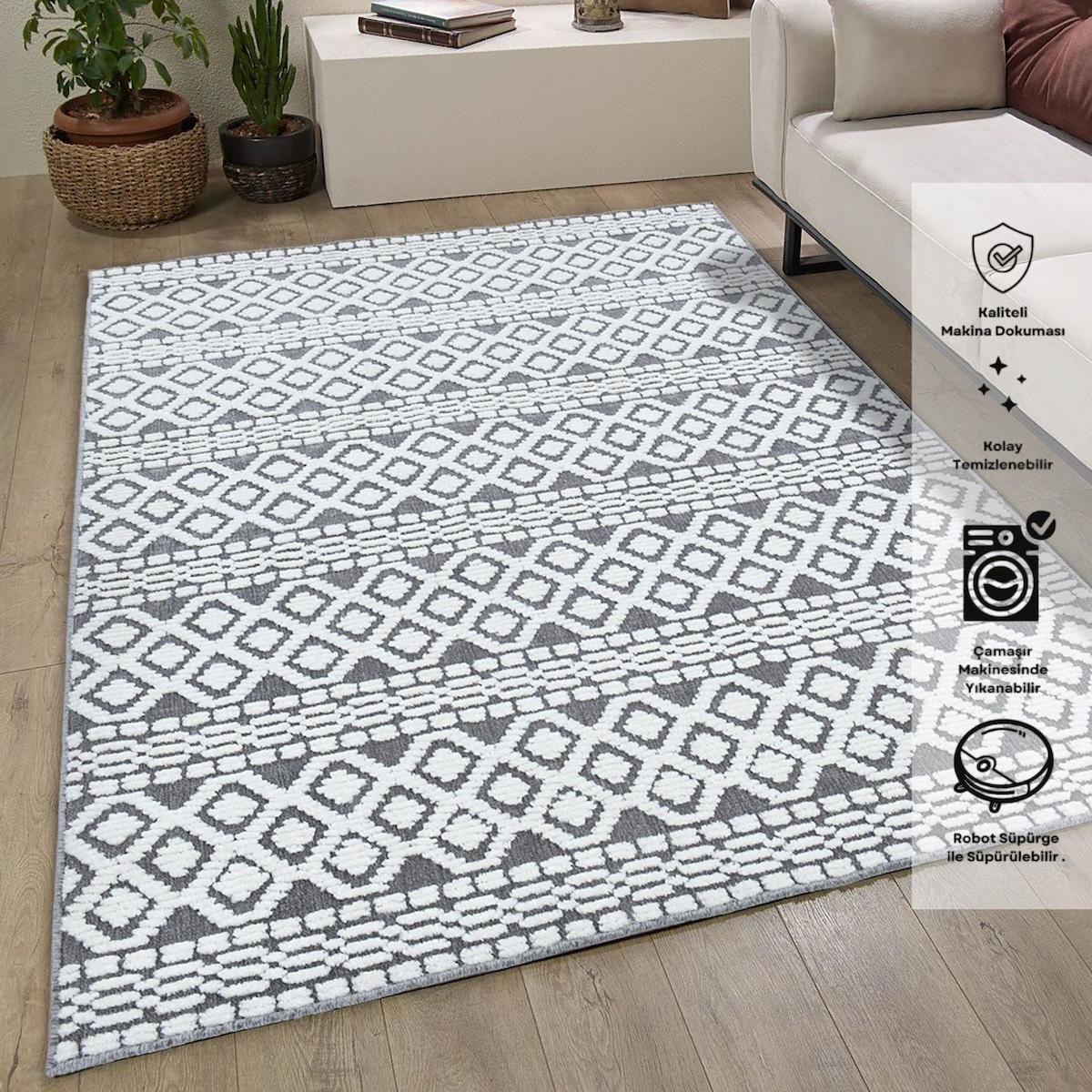 Giza Home Chenille Gri 8 mm Polipropilen Toz Tutmaz Yıkanabilir Orta Pamuk Taban Geometrik Dikdörtgen Makine Dokuma Salon Halısı 100x150 cm