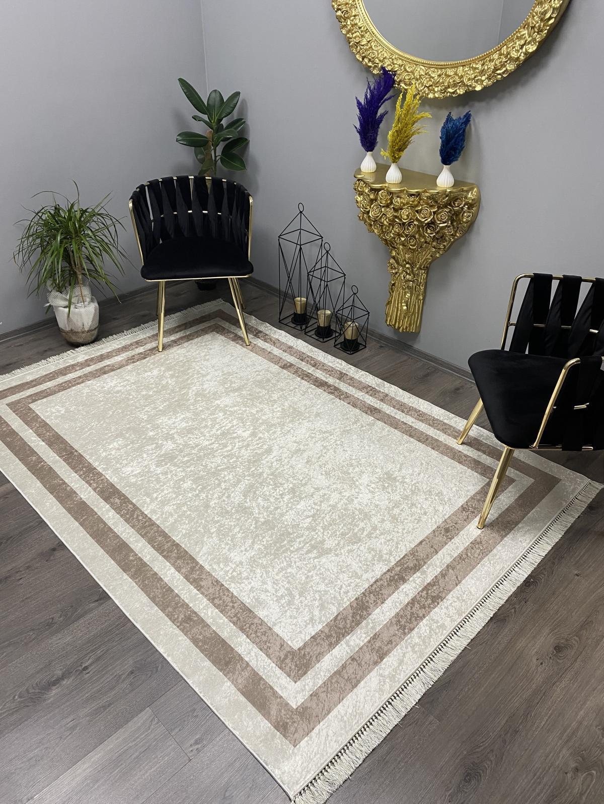 Halı Furyası Beyaz-Vizon 8 mm Polyester Antibakteriyel Yıkanabilir Orta Kaymaz Deri Taban Dikdörtgen Makine Dokuma Salon Halısı 200x290 cm