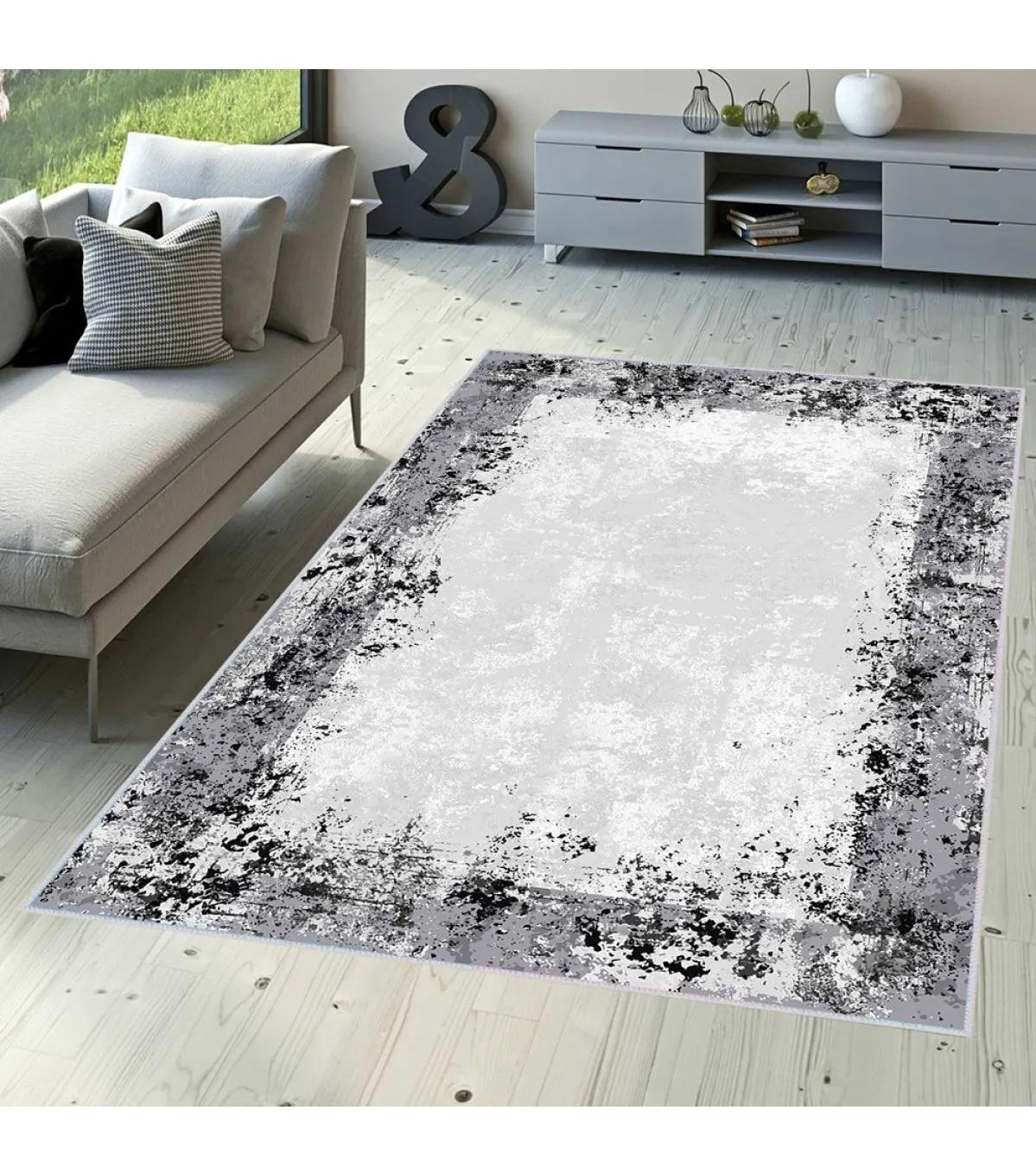 Rovigo Home RVG0332 Gri 8 mm Polyester Antibakteriyel-Leke Tutmaz-Toz Tutmaz Yıkanabilir İnce Kaymaz Dot Taban Dikdörtgen Makine Dokuma Salon Halısı 160x230 cm