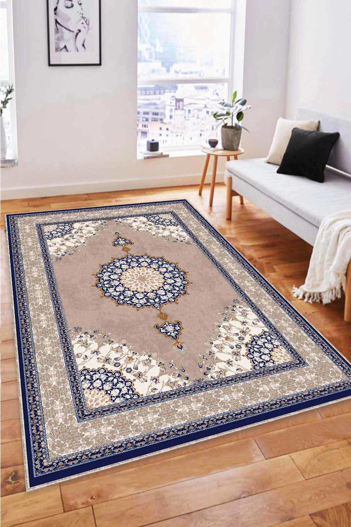 Viva Home AR476 Bej 7 mm Mikropolyester Leke Tutmaz Yıkanabilir İnce Kaymaz Dot Taban Dikdörtgen Makine Dokuma Salon Halısı 100x150 cm