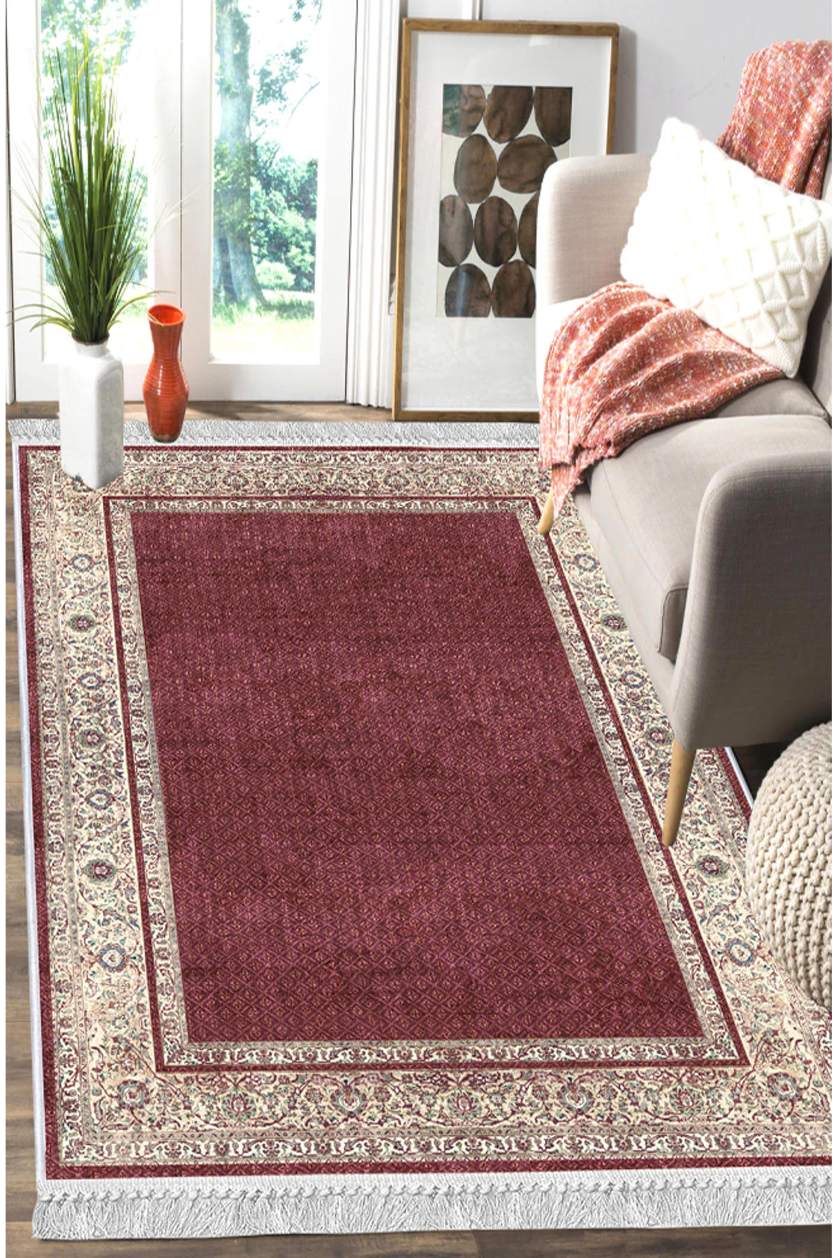 Artizon ART035 Bordo 0.8 mm Polyester Toz Tutmaz Yıkanabilir İnce Kaymaz Dot Taban Dikdörtgen Makine Dokuma Salon Halısı 200x290 cm