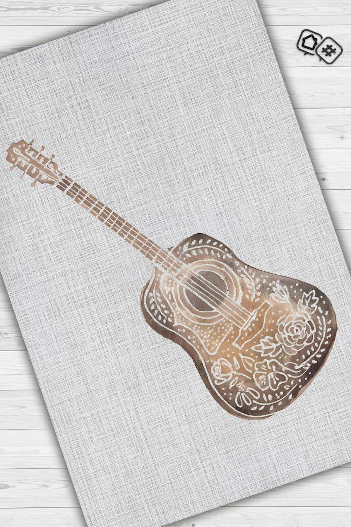 Homshtag Gitar Krem 4 mm Polyester Antistatik Yıkanabilir İnce Kaymaz Dikdörtgen Makine Dokuma Hobi Odası Halısı 160x230 cm