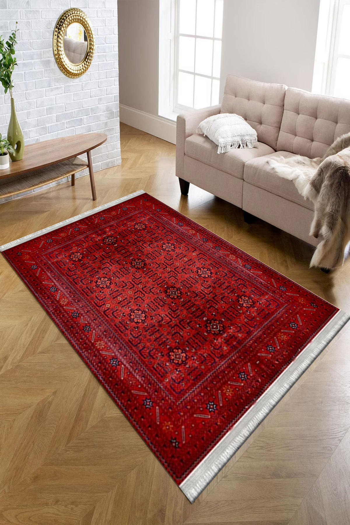 Kreatif Halı Kırmızı 4 mm Polyester Antibakteriyel Yıkanabilir İnce Kaymaz Dot Taban Dikdörtgen Makine Dokuma Salon Halısı 200x290 cm