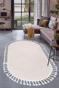 Dijidekor Lux Krem 7 mm Polyester Antibakteriyel Yıkanabilir Orta Kaymaz Dot Taban Oval Makine Dokuma Salon Halısı 100x150 cm