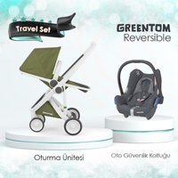 Greentom Reversible Özel Seri Çift Yönlü Katlanabilir Tek Elle Kapanan 360 Derece Dönen Tam Yatar Kabin Tipi Travel Sistem Bebek Arabası Beyaz-Haki