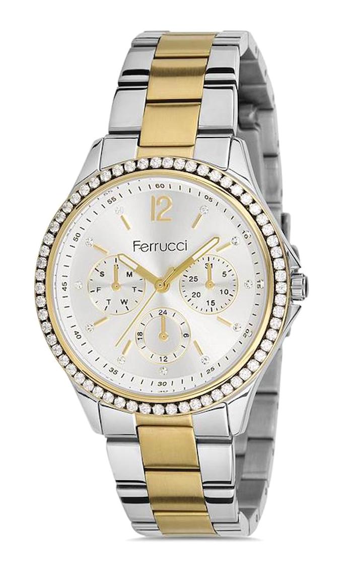 Ferrucci FFQ111614.A52 Takvimli 35 mm Altın-Gri Metal Kordon Analog Kadın Kol Saati