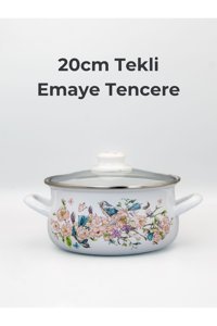 Bonera Kuş Desenli Cam Kapaklı Emaye 20 cm Derin Tencere