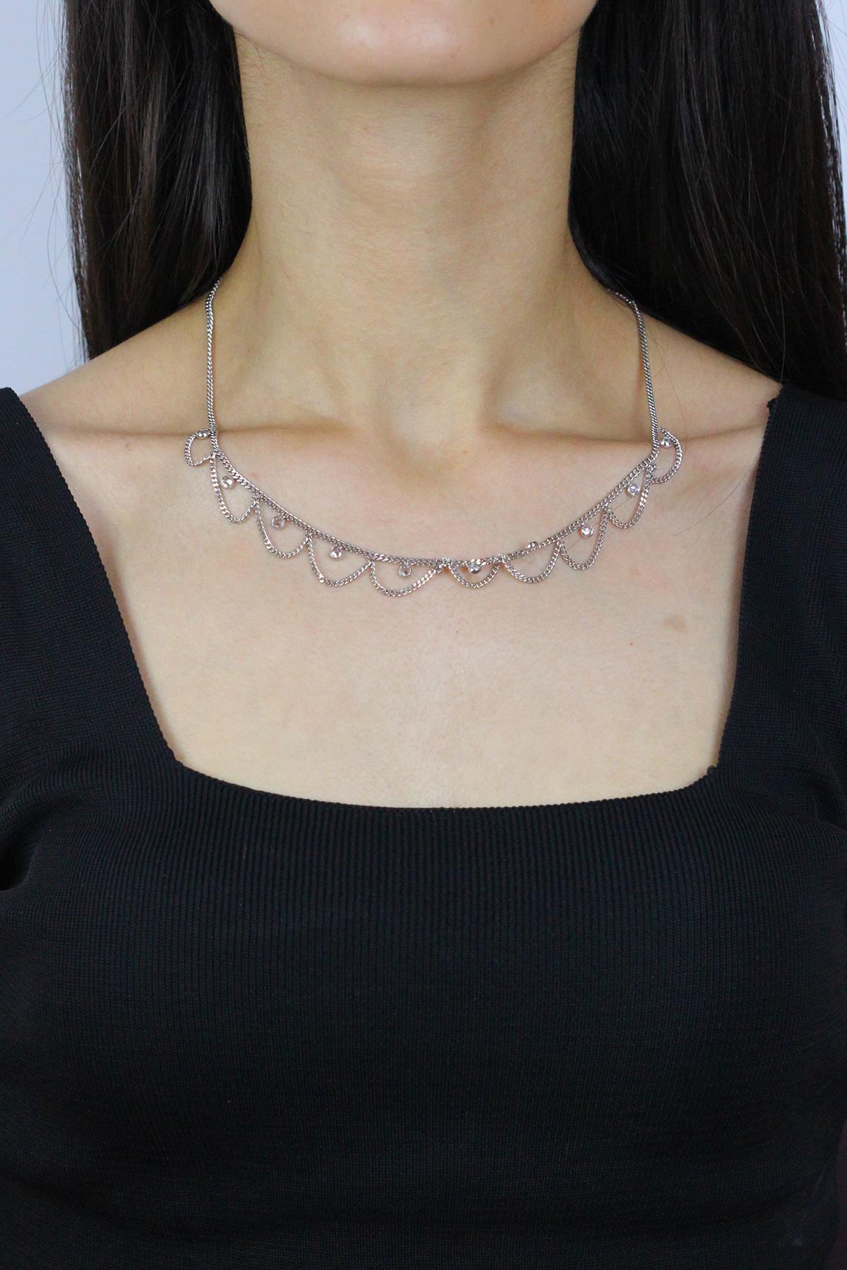 Sümer Telkari Melek Beyaz Zirkon Taşlı Kararmayan Choker Düz Zincir Kadın Gümüş Kolye 47 cm