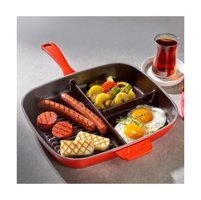 Lava 4 Bölmeli Plastik Saplı Döküm 30 cm Grill Tava Kırmızı