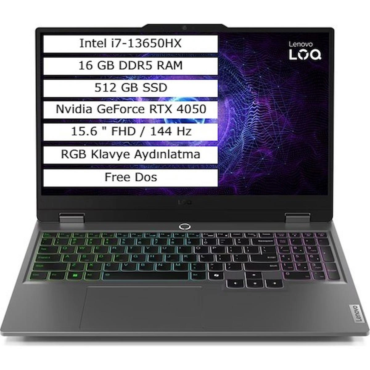 Lenovo LOQ 15IRX9 83DV00G7TR01 Harici GeForce RTX 4050 Intel Core i7 13650HX 16 GB Ram 512 GB SSD 15.6 inç Full HD Freedos Gaming Laptop