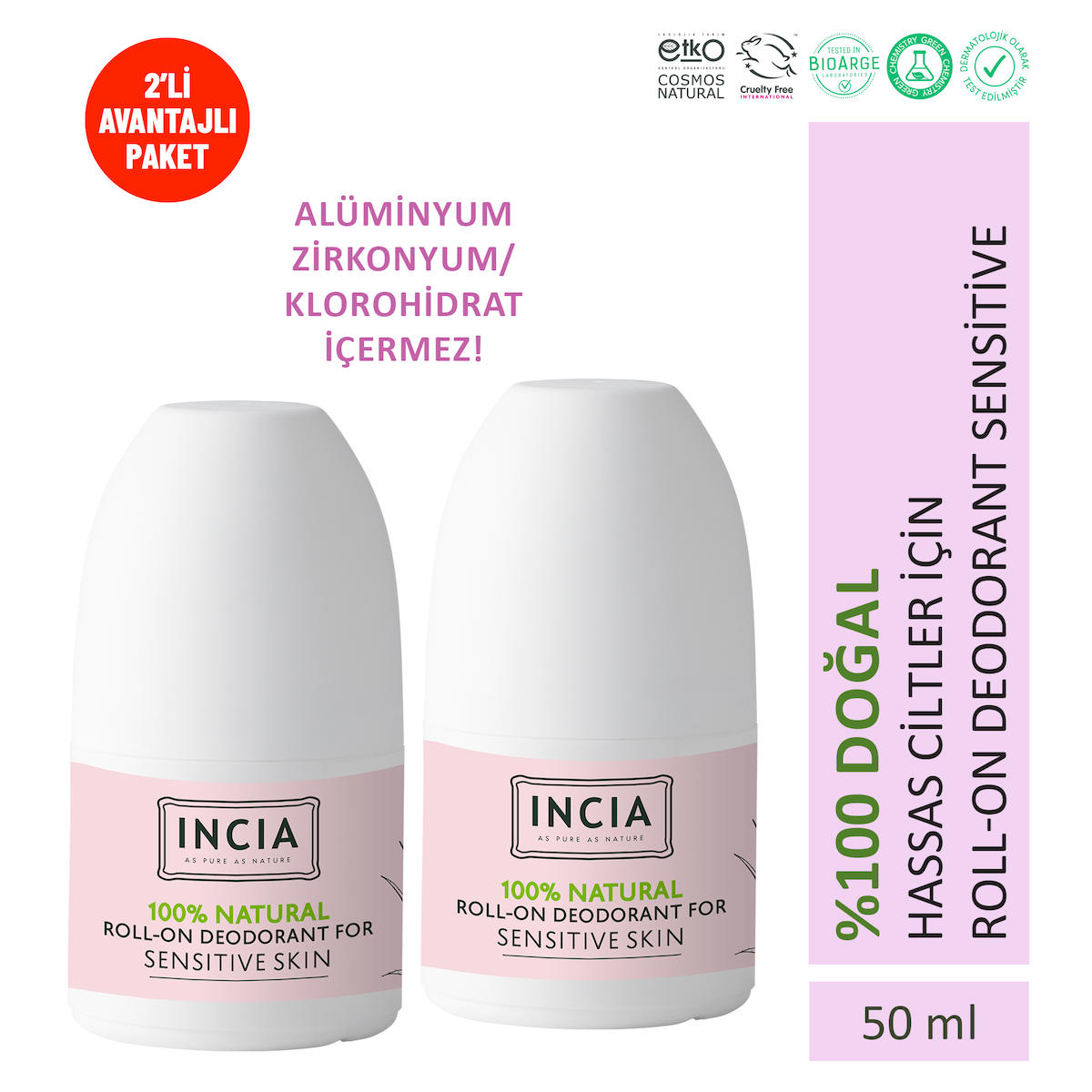 Incia Sensitive Pudrasız Ter Önleyici Organik Roll-On Kadın Deodorant 2x50 ml