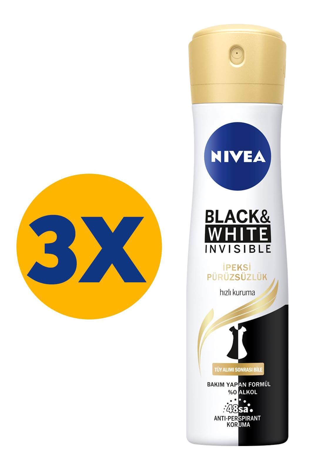 Nivea Black&White Invisible İpeksi Pürüzsüzlük Pudrasız Ter Önleyici Antiperspirant Sprey Kadın Deodorant 3x150 ml