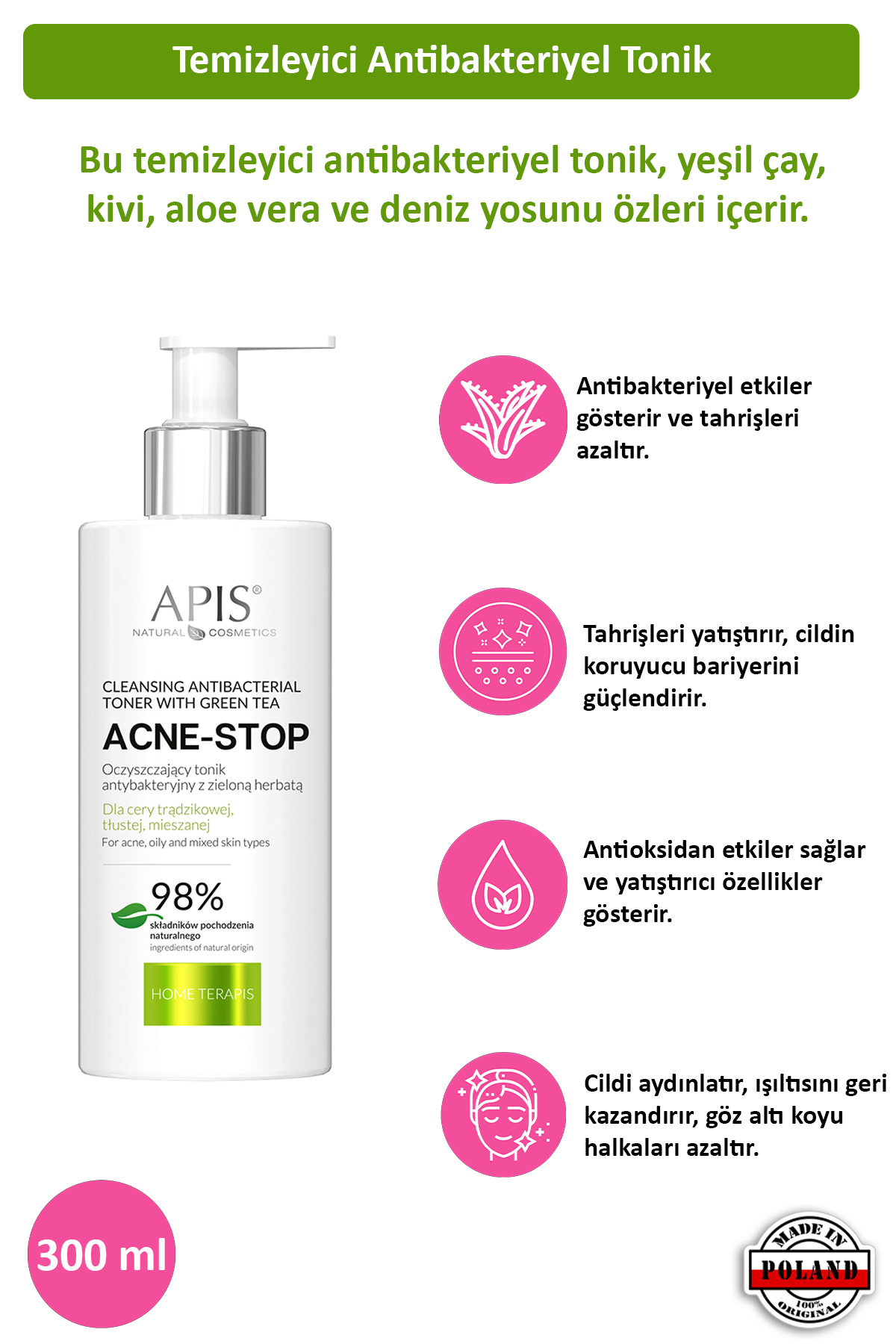 Apis Natural Cosmetics Tüm Ciltler İçin Yeşil Çay Yüz Temizleyici Tonik 300 ml