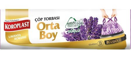 Koroplast Lavanta Kokulu Şeffaf Büzgülü Orta Boy 55x60 cm Çöp Poşeti 15 Adet Beyaz