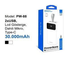 Acl PW-88 30000 mAh Hızlı Şarj Dijital Göstergeli USB Type C Çoklu Kablolu Powerbank Beyaz