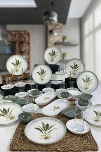 Keramika Magnolia 50 Parça 12 Kişilik Yeşil Desenli Stoneware Kahvaltı Takımı