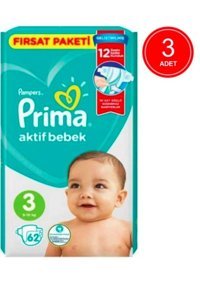 Prima Aktif Bebek Midi 3 Numara Cırtlı Bebek Bezi 3x62 Adet