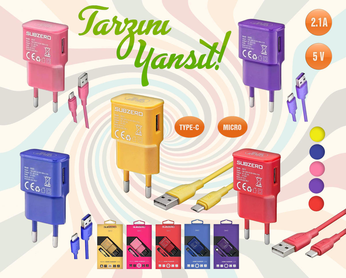 Subzero Universal Type-C Kablolu 5 W 2 Amper Hızlı Şarj Aleti Pembe