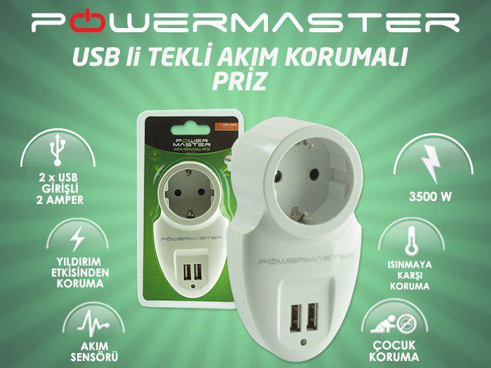 Powermaster Tekli Soket 2'li USB Kablosuz Tekli Akım Korumalı Priz