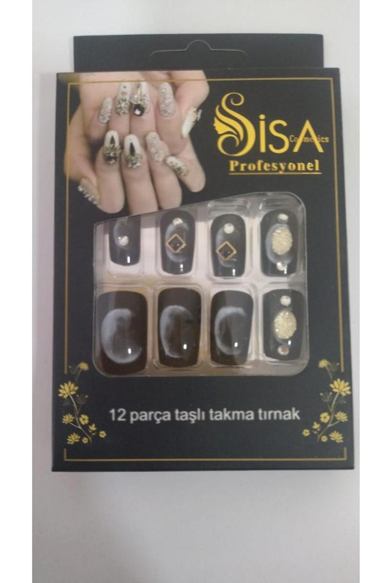 Sisa Taşlı 12'li Oval Siyah Takma Tırnak