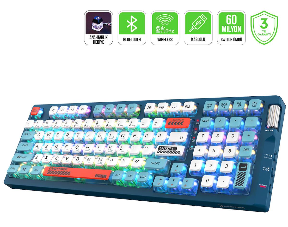 Gamepower Sense RGB Red Switch Kablosuz İndigo Mekanik Gaming Klavye