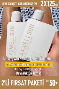 Axwell Sun Care 50 Faktör Tüm Ciltler İçin Leke Karşıtı Nemlendirici Yağsız Suya Dayanıklı Yüz ve Vücut Güneş Kremi 2x125 ml