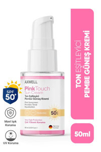 Axwell Pink Touch Renkli 50 Faktör Tüm Ciltler İçin Leke Karşıtı Nemlendirici Yaşlanma Karşıtı Aydınlatıcı Kapatıcılı Yağsız Suya Dayanıklı Yüz Güneş Kremi 60 ml