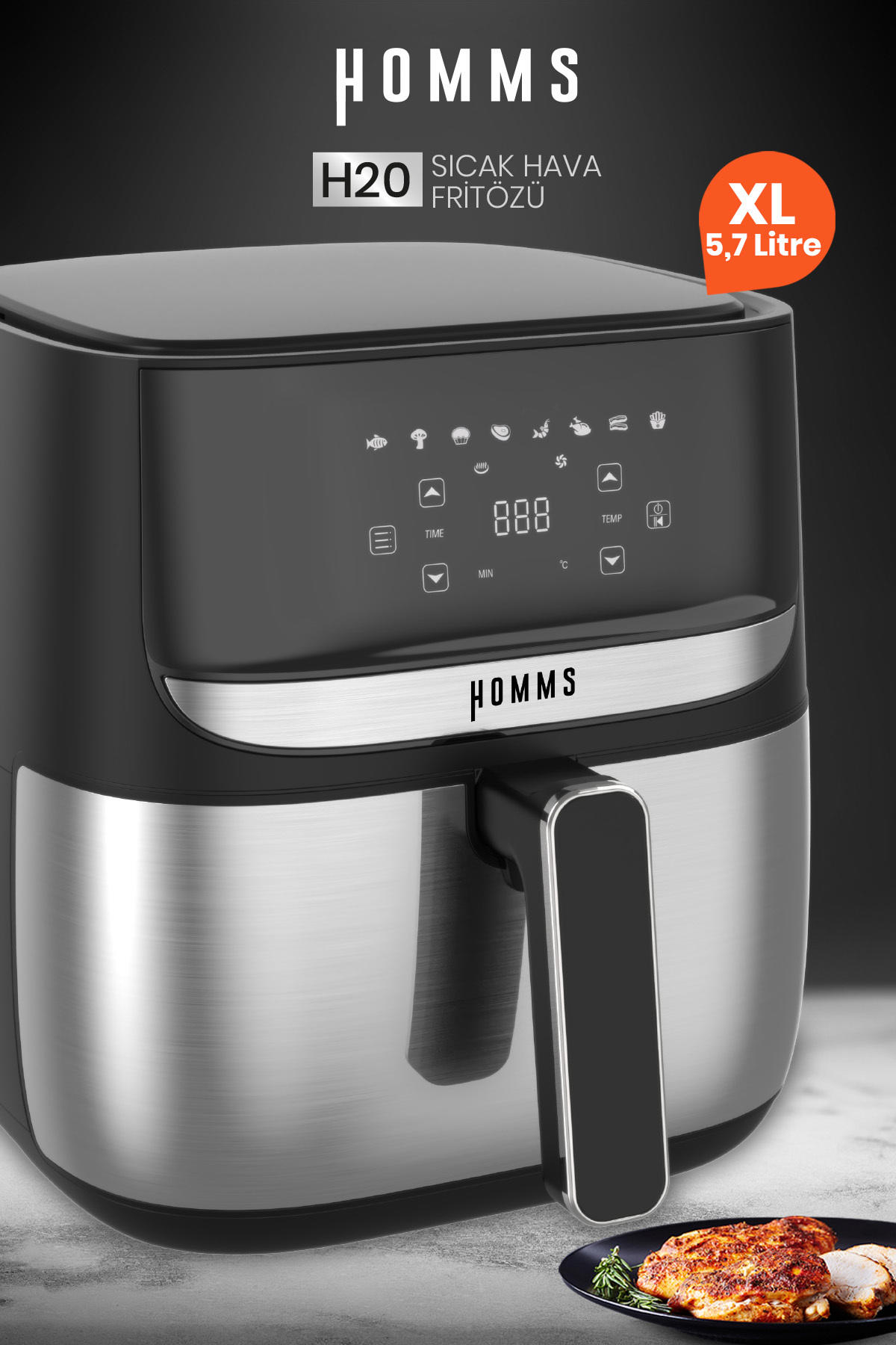 Homms H20 Airfryer 5.7 lt Tek Hazneli Yağsız İnox Sıcak Hava Firtözü