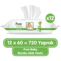 Pure Baby Organik Bambu Özlü 60 Yaprak 12'li Paket Islak Mendil