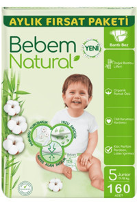 Bebem Natural Nefes Alan İncelik 5 Numara Organik Cırtlı Bebek Bezi 2x80li