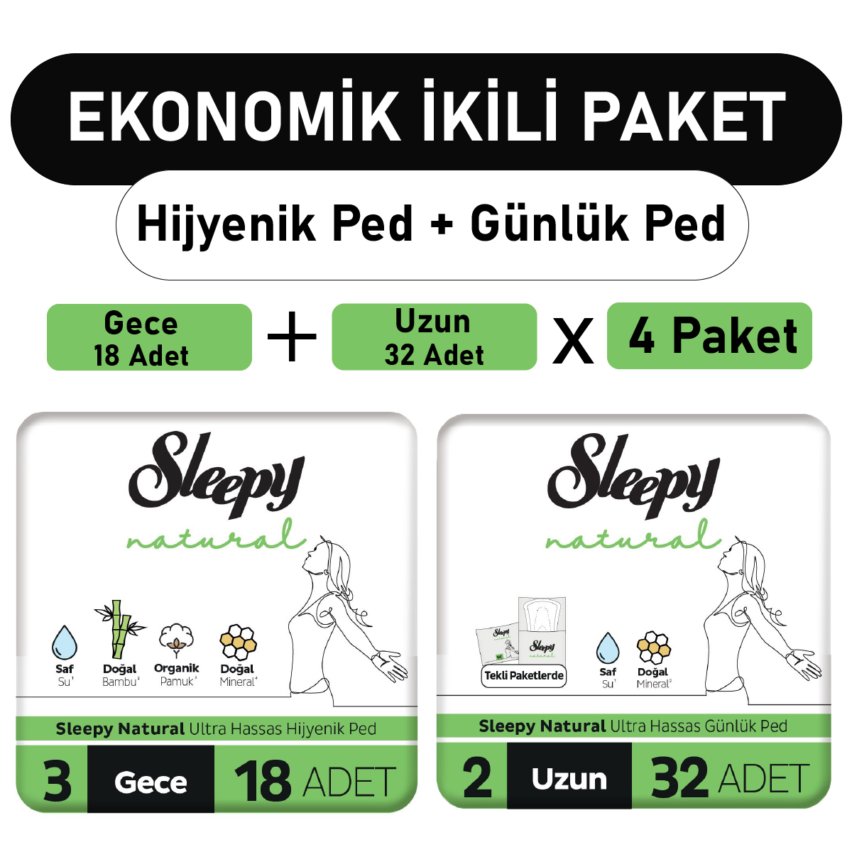 Sleepy Natural Organik Antialerjik İnce 18'li+32'li Hijyenik Ped 4 Adet