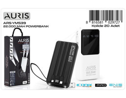 Auris YM-539 20000 mAh Hızlı Şarj Işıklı Dijital Göstergeli Micro USB & Lightning Çoklu Bağlantı Kablolu Powerbank Siyah