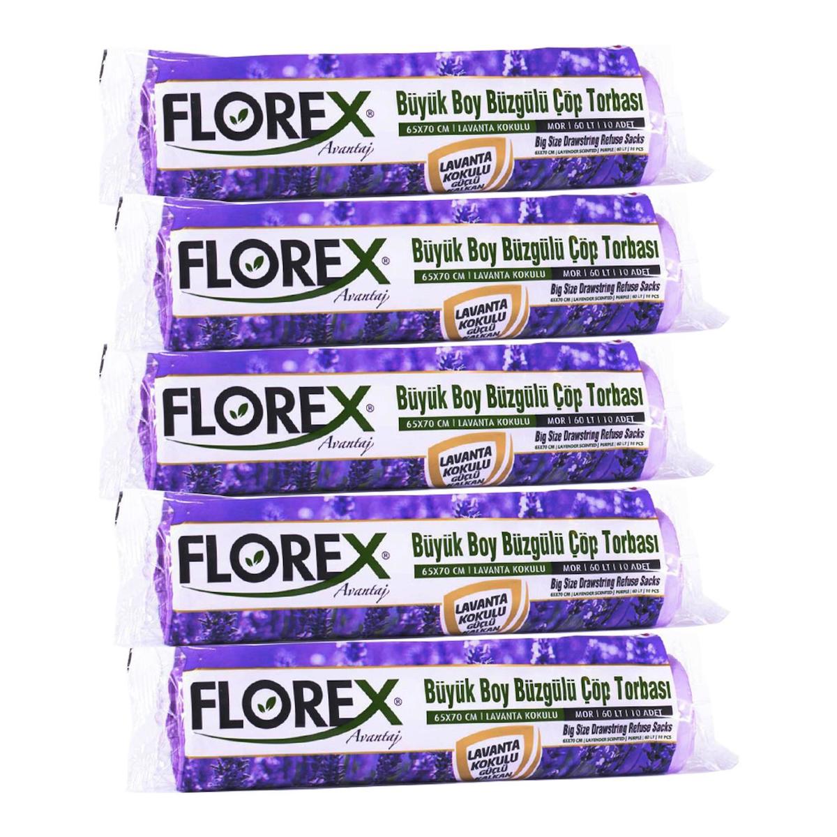 Florex Lavanta Kokulu Büzgülü Büyük Boy 65x70 cm Çöp Poşeti 5x10 Adet Mor