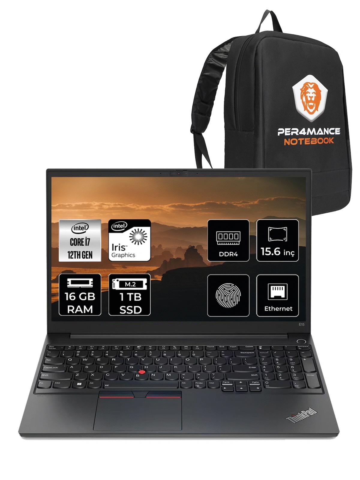 Lenovo E15 21E6006YTX Dahili Intel Iris Xe Graphics Eligible Intel Core i7 1255U 16 GB Ram 1 TB SSD 15.6 inç Full HD FreeDos Laptop + PER4 Çanta