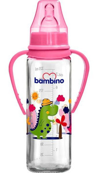 Bambino Cam Yenidoğan Kulplu 0-6 Ay Desenli Pembe Yuvarlak Uçlu Biberon 225 ml