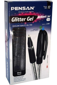 Pensan Glitter Plastik 1 mm Simli Siyah 12'li Tükenmez Kalem