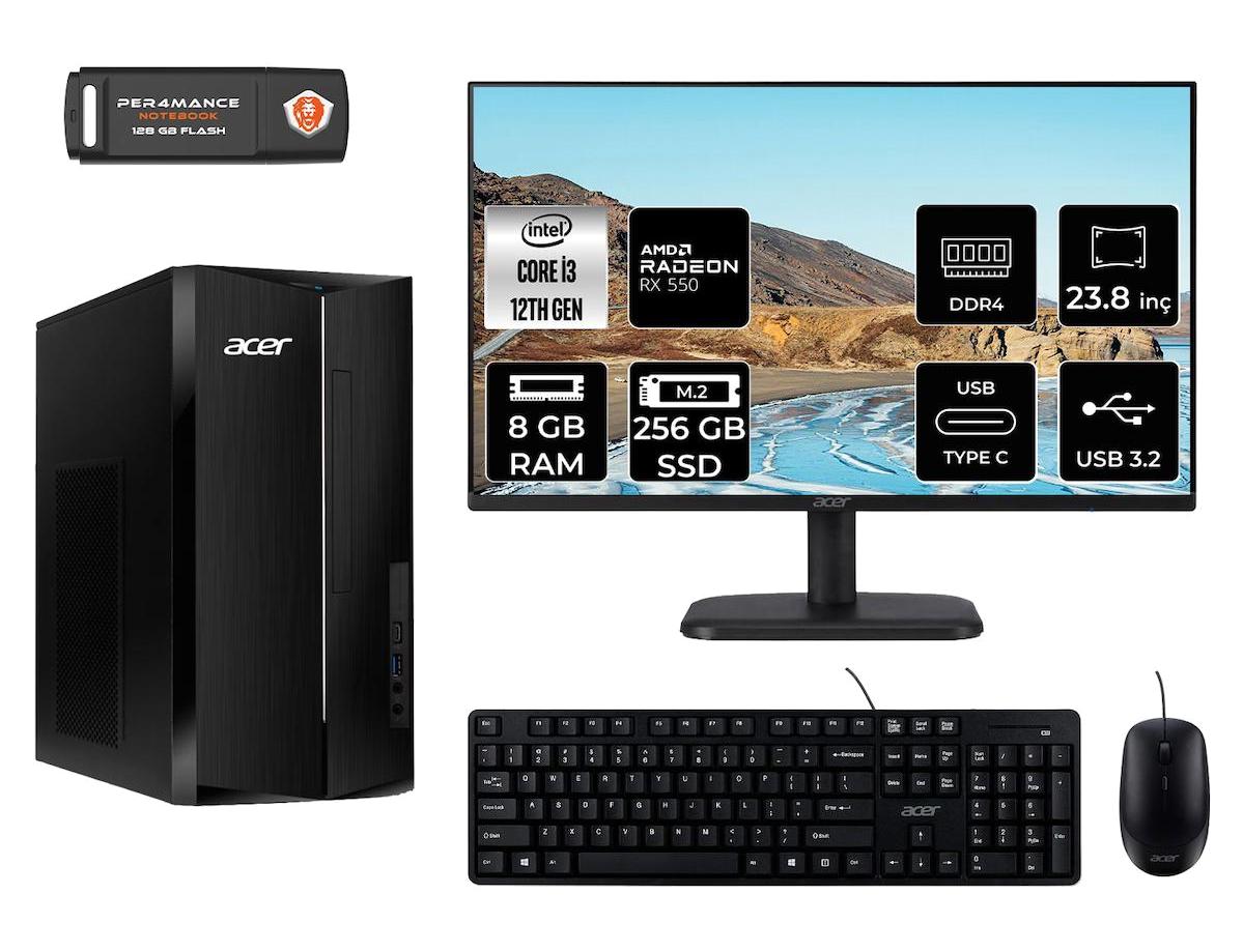 Acer Aspire TC1760 DT.BHUEM.004 Harici Radeon RX 550 Intel Core i3 12100 8 GB Ram 256 GB SSD Tower FreeDos 23.8 inç Monitörlü Masaüstü Bilgisayar