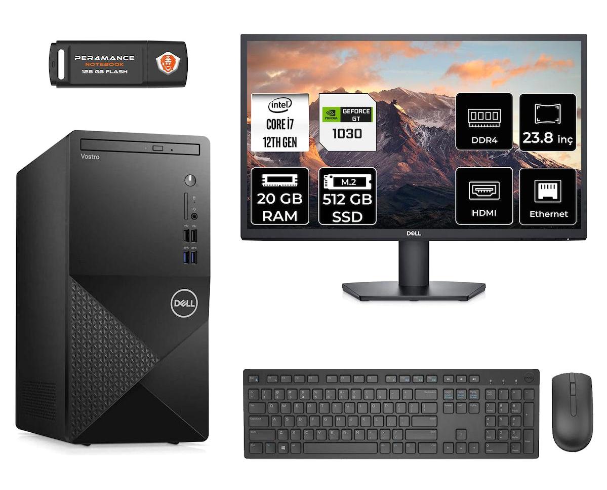 Dell Vostro 3910MT N7600VDT3910 Harici GeForce GT 1030 Intel Core i7 12700 20 GB Ram 512 GB SSD Tower FreeDos 23.8 inç Monitörlü Masaüstü Bilgisayar